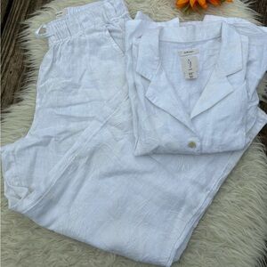 Joie White 💯 linen Set - Soft Button-Front Top & Elastic Waist Wide Leg Pants
